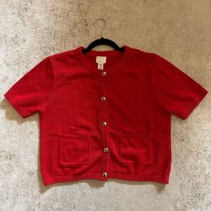 H&M Cotton Blend Red Short Sleeve Lady Sweater with Pockets and Silver Buttons